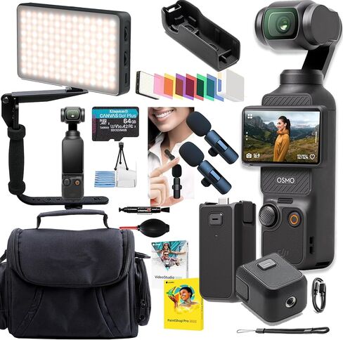 DJI Osmo Pocket 3، كاميرا تسجيل فيديو، كاميرا تسجيل فيديو بدقة 4K/120 إطارًا في الثانية، تثبيت ثلاثي المحاور، تتبع الوجه/الأشياء، + ذاكرة 64 جيجابايت، 2 ميكروفون، ضوء فيديو LED، مثبت، برامج + المزيد (حزمة تسجيل فيديو احترافية) in Kuwait