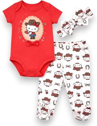 Hello Kitty Baby Girls 3-Piece Footie Set, Short Sleeve Onesie Bodysuit, Footed Pants in Kuwait