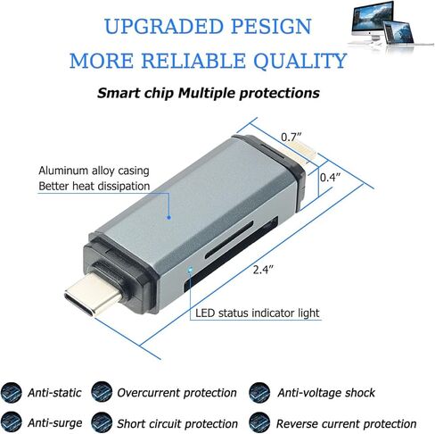 قارئ بطاقة SD USB C لأجهزة iPhone، وiPad، ومحول بطاقة Lightning إلى Micro SD، وقارئ بطاقة ذاكرة SD/Micro SD لمحولات الكاميرا الرقمية، وفتحات مزدوجة من النوع C in Kuwait