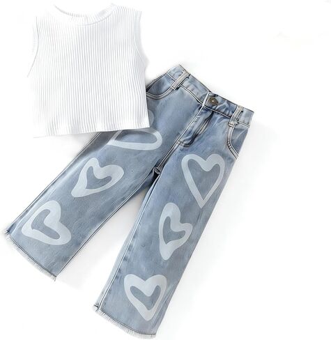 Toddler Girl Outfit Set Sleeveless Top & Heart Print Denim Jeans, Cute Kids Girl Clothes Summer Fall Fashion Outfits in Saudi Arabia