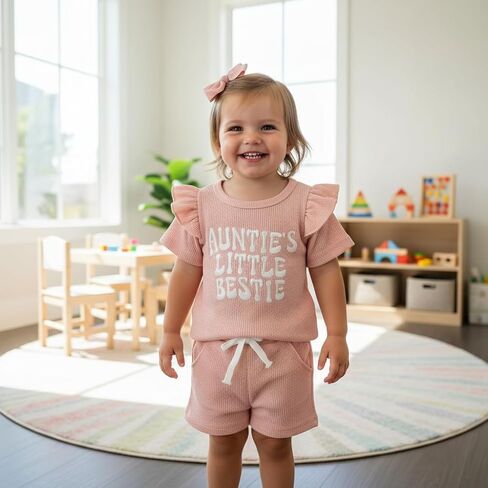 Toddler Girls Waffle Knit Outfit Ruffle Sleeve Graphic T Shirt and Shorts Two Piece Summer Casual Clothing Set in Saudi Arabia