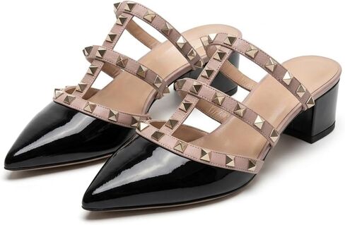 Women's Studded Pointed Toe Mules Low Block Heel Sandals Sexy T-Strap Patent Leather Slip on Backless Slides Casual Dress Shoes in Saudi Arabia