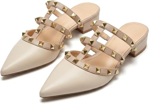Women's Studded Pointed Toe Mules Low Block Heel Sandals Sexy T-Strap Patent Leather Slip on Backless Slides Casual Dress Shoes in Saudi Arabia