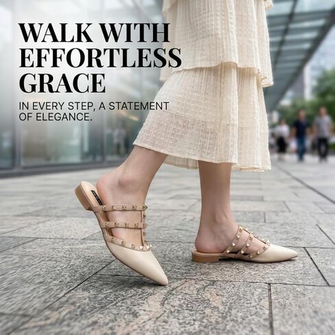 Women's Studded Pointed Toe Mules Low Block Heel Sandals Sexy T-Strap Patent Leather Slip on Backless Slides Casual Dress Shoes in Saudi Arabia