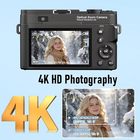 كاميرا رقمية XUMIUZIY 4K، كاميرا مدمجة محمولة بدقة 75 ميجابكسل 12X زووم بصري واي فاي مع تركيز تلقائي ومرشحات مدمجة، للتصوير الفوتوغرافي أثناء السفر in Kuwait