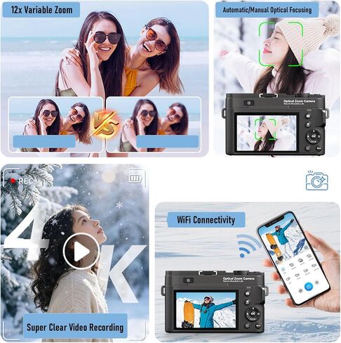 كاميرا رقمية XUMIUZIY 4K، كاميرا مدمجة محمولة بدقة 75 ميجابكسل 12X زووم بصري واي فاي مع تركيز تلقائي ومرشحات مدمجة، للتصوير الفوتوغرافي أثناء السفر in Kuwait