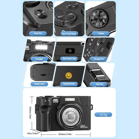 كاميرا رقمية XUMIUZIY 4K، كاميرا مدمجة محمولة بدقة 75 ميجابكسل 12X زووم بصري واي فاي مع تركيز تلقائي ومرشحات مدمجة، للتصوير الفوتوغرافي أثناء السفر in Kuwait