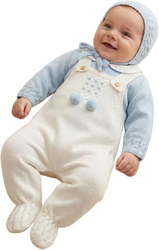 Baby Boy Girl Knitted Set, 3-Piece Outfit Sweater Hat Jumpsuit Romper Warm Button Long Sleeve - Made in Spain in Saudi Arabia