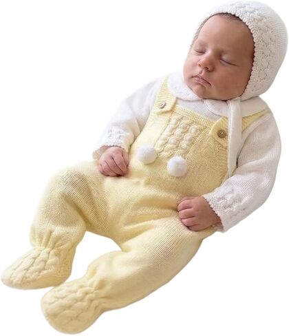 Baby Boy Girl Knitted Set, 3-Piece Outfit Sweater Hat Jumpsuit Romper Warm Button Long Sleeve - Made in Spain in Saudi Arabia