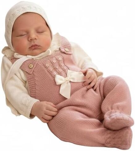 Baby Boy Girl Knitted Set, 3-Piece Outfit Sweater Hat Jumpsuit Romper Warm Button Long Sleeve - Made in Spain in Saudi Arabia