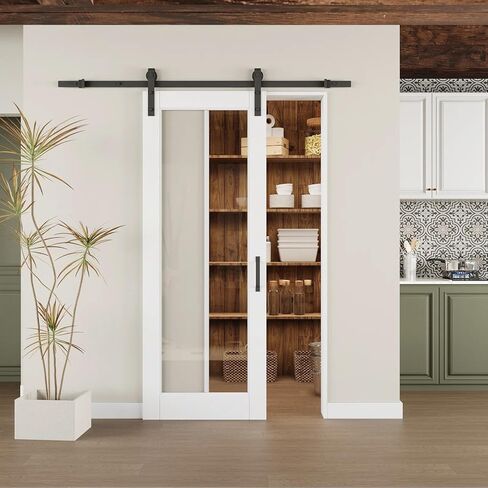 Modern White Primed and 1-Lite Clear Glass Sliding Barn Door with Installation Hardware Kit(No Assembly Required)，24"x80" in Kuwait