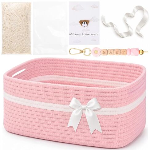 Novabright Easter Large Woven Gift Basket Empty with Bags and Ribbons Include Daisy Bead Keychain Greeting Card Raffia Shredded Paper Woven Storage Basket for Baby Shower Wedding DIY Presents(Pink) in Kuwait
