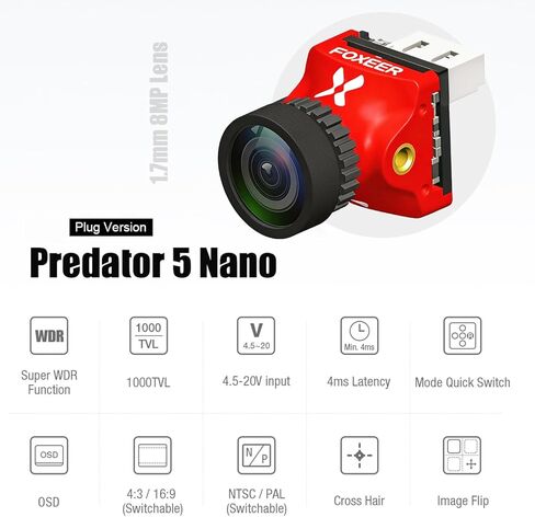 كاميرا سباق SoloGood Foxeer Nano Predator 5 FPV مع عدسة 1.7 مم، دقة 1000TVL، 155 FOV، دعم OSD 4ms، زمن الاستجابة Super WDR in Kuwait