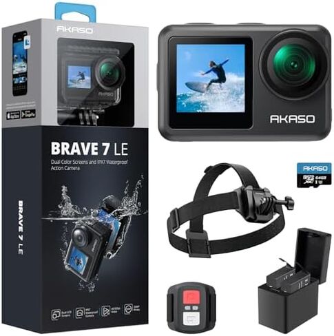 كاميرا AKASO Brave 7 LE Action مع بطاقة MicroSDXC U3 وحزمة تثبيت حزام الرأس سريعة التحرير in Kuwait