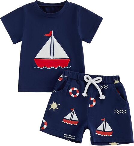 Toddler Baby Boy Summer Outfits Sailboat Embroidery Short Sleeve T-Shirt Tops Elastic Shorts Cute Infant Clothes in Kuwait