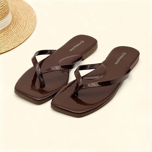 Flip Flops for Women, Leather Square Toe Non Slip Comfortable Slim Flats Sandals for Summer Beach Pool, Brown Patent in Saudi Arabia