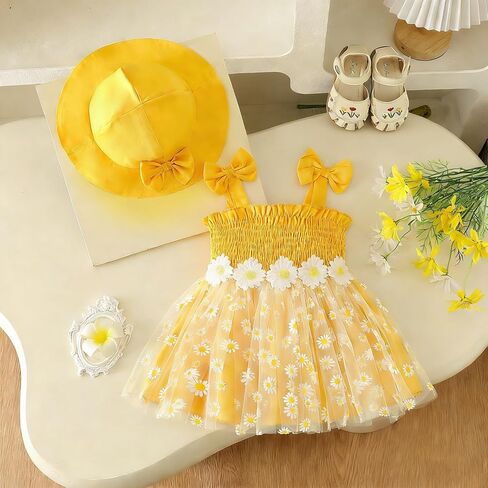 Baby Girl Daisy Dress Summer Outfit Yellow Tulle Tutu Sundress with Bow Strap Smocked Bodice and Matching Hat Set in Saudi Arabia