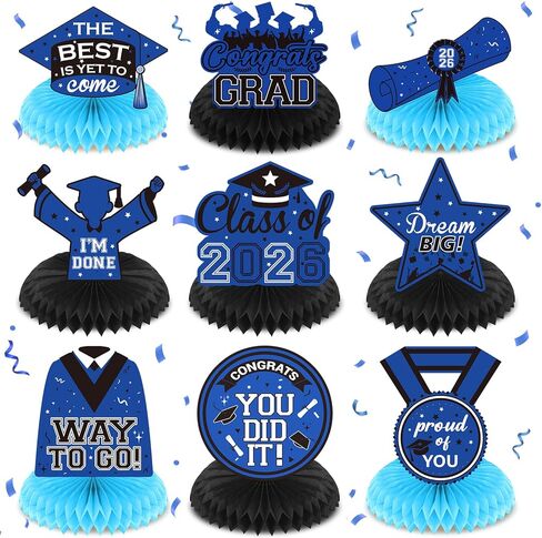 9 Pcs Blue Orange Graduation Party Decorations Honeycomb Centerpieces Class of 2025 Graduation Party Centerpieces 3d Double Side Congrats Grad Honeycomb Decorations for 2025 Grad Party Decor Supplies in Saudi Arabia