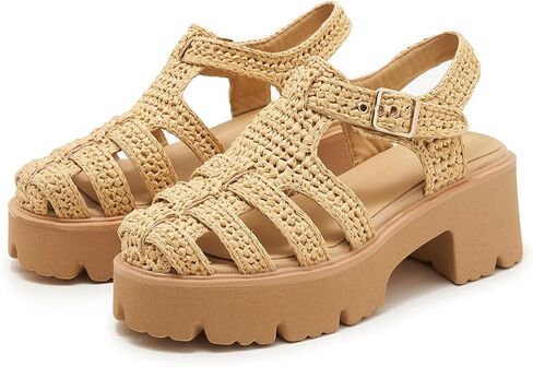 Women’s Raffia Platform Sandals, Open Toe Fisherman Woven Sandals with Adjustable Buckle Strap, Chunky Lug Sole Summer Beach Casual Shoes in Kuwait