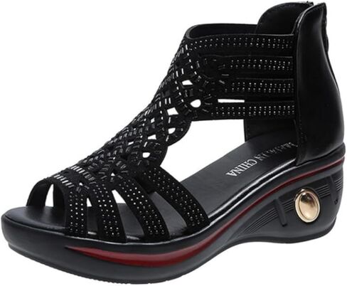 Womens' Open Toe Leather Rhinestones Wedge Sandals, Peep Toe Mid Wedge Heel Diamond Rhinestone Strappy Sandals Back Zipper Low Heel Roman Shoes in Kuwait