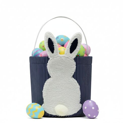 Easter Bunny Basket, Egg Hunt Basket with Plush Bunny Design, Striped Fabric Easter Bucket Tote for Gifts Candy Easter Party Decor (Navy Blue) in Saudi Arabia