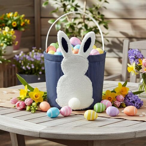Easter Bunny Basket, Egg Hunt Basket with Plush Bunny Design, Striped Fabric Easter Bucket Tote for Gifts Candy Easter Party Decor (Navy Blue) in Saudi Arabia