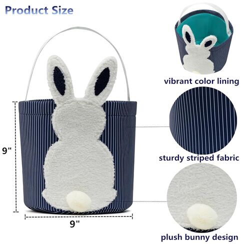 Easter Bunny Basket, Egg Hunt Basket with Plush Bunny Design, Striped Fabric Easter Bucket Tote for Gifts Candy Easter Party Decor (Navy Blue) in Saudi Arabia