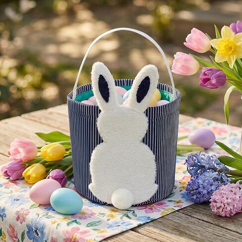 Easter Bunny Basket, Egg Hunt Basket with Plush Bunny Design, Striped Fabric Easter Bucket Tote for Gifts Candy Easter Party Decor (Navy Blue) in Saudi Arabia