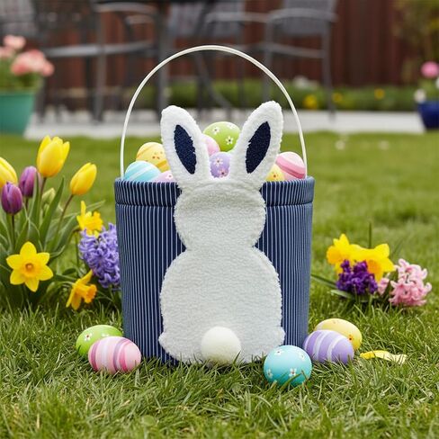 Easter Bunny Basket, Egg Hunt Basket with Plush Bunny Design, Striped Fabric Easter Bucket Tote for Gifts Candy Easter Party Decor (Navy Blue) in Saudi Arabia