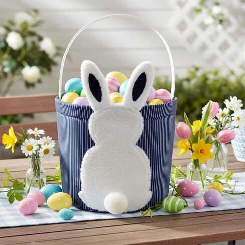 Easter Bunny Basket, Egg Hunt Basket with Plush Bunny Design, Striped Fabric Easter Bucket Tote for Gifts Candy Easter Party Decor (Navy Blue) in Saudi Arabia
