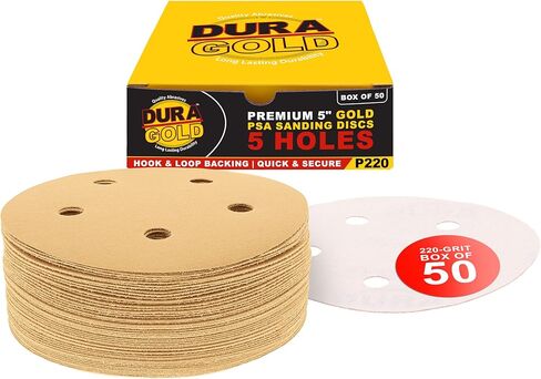 Dura-Gold - Premium - 120 Grit - 5" Gold Sanding Discs - 5-Hole Dustless Hook and Loop for DA Sander - Box of 50 Finishing Sandpaper Discs for Woodworking or Automotive in Saudi Arabia