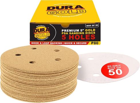 Dura-Gold - Premium - 220 Grit - 5" Gold Sanding Discs - 5-Hole Dustless Hook and Loop for DA Sander - Box of 50 Finishing Sandpaper Discs for Woodworking or Automotive in Kuwait