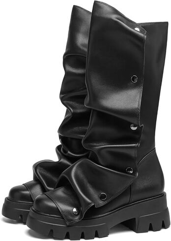 Mid Calf Boots for Women Fold Over Round Toe Chunky Sole in Kuwait