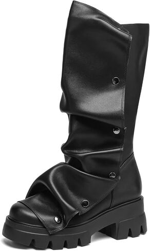 Mid Calf Boots for Women Fold Over Round Toe Chunky Sole in Kuwait