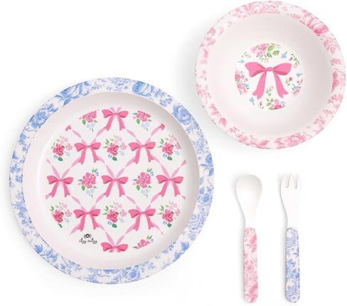Itzy Ritzy Kids Dinnerware Set – Toddler Mealtime Dining Set for Ages 6+ Months with Melamine Plate, Bowl, Fork & Spoon - Dishwasher Safe Baby Feeding Set For Independent Eating (Ribbons & Roses) in Kuwait