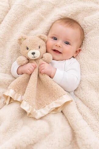 SONA G DESIGNS بطانية أمان تحمل الاسم Bear Lovie، قطيفة بلون أسمر مع زخرفة من الساتان مقاس 14 × 14 بوصة، تساعد على نوم الطفل، 0-36 شهرًا in Kuwait