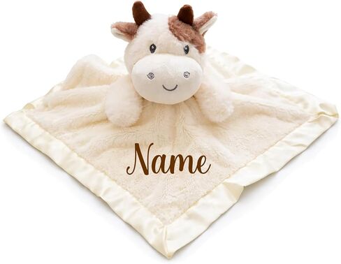 SONA G DESIGNS بطانية أمان مخصصة باسم Cow Lovie، قطيفة كريمية مع زخرفة من الساتان، 14 × 14 بوصة، مساعد نوم الطفل، 0-36 شهرًا in Kuwait
