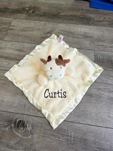SONA G DESIGNS بطانية أمان مخصصة باسم Cow Lovie، قطيفة كريمية مع زخرفة من الساتان، 14 × 14 بوصة، مساعد نوم الطفل، 0-36 شهرًا in Kuwait