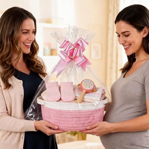 Baskets for Gifts Empty, Small Woven Easter Basket with Handle, 12x8x5 in, Durable Gift Basket, Gift Wrap Ready with Ribbon (Pink) in Saudi Arabia