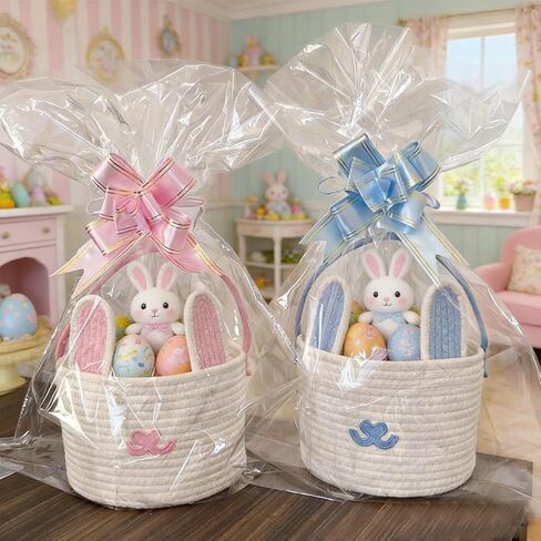 Easter Basket with Gift Bag Handle, Woven Empty Bunny Gift Basket for Boy Girl Baby Easter Egg Hunt (Light blue -white) in Saudi Arabia