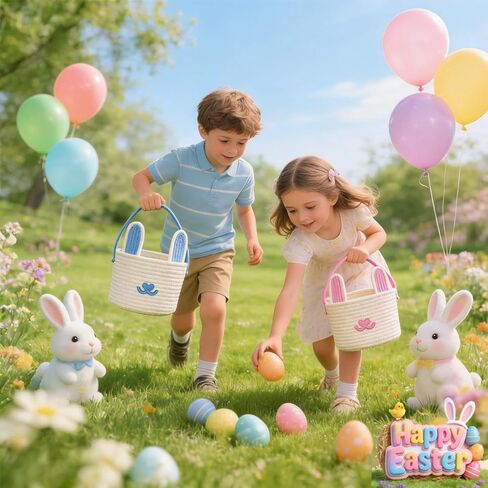 Easter Basket with Gift Bag Handle, Woven Empty Bunny Gift Basket for Boy Girl Baby Easter Egg Hunt (Light blue -white) in Saudi Arabia