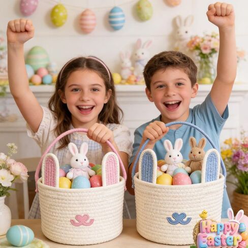 Easter Basket with Gift Bag Handle, Woven Empty Bunny Gift Basket for Boy Girl Baby Easter Egg Hunt (Light blue -white) in Saudi Arabia