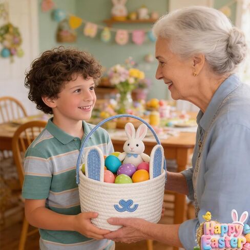 Easter Basket with Gift Bag Handle, Woven Empty Bunny Gift Basket for Boy Girl Baby Easter Egg Hunt (Light blue -white) in Saudi Arabia