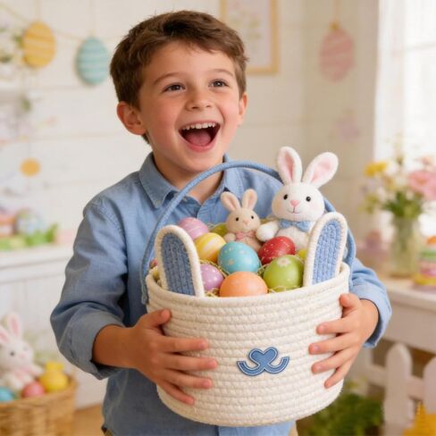 Easter Basket with Gift Bag Handle, Woven Empty Bunny Gift Basket for Boy Girl Baby Easter Egg Hunt (Light blue -white) in Saudi Arabia