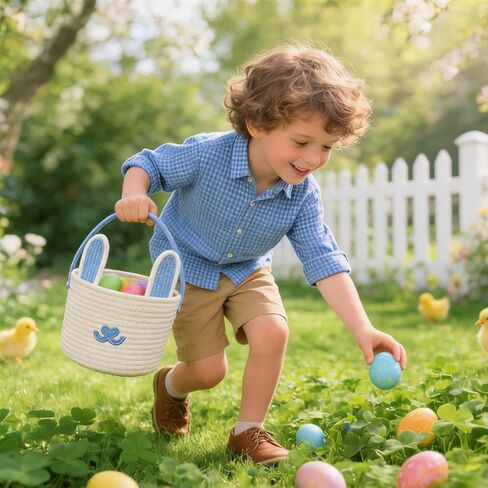 Easter Basket with Gift Bag Handle, Woven Empty Bunny Gift Basket for Boy Girl Baby Easter Egg Hunt (Light blue -white) in Saudi Arabia