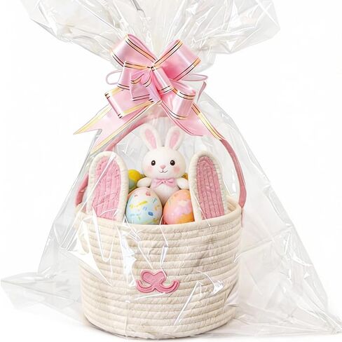 Easter Basket with Gift Bag Handle, Woven Empty Bunny Gift Basket for Boy Girl Baby Easter Egg Hunt (Light blue -white) in Saudi Arabia