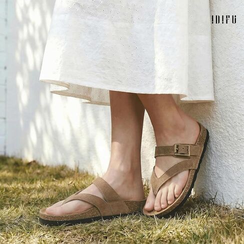 IDIFU Cork Thong Sandals for Women Comfortable Slip on Beach Summer Vacation Slide Sandal with Soft Arch Support Footbed, Adjustable Buckle Strap Slides Casual Flat Sandals in Saudi Arabia