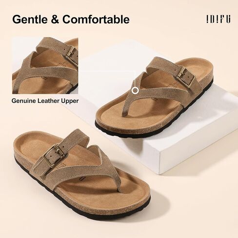 IDIFU Cork Thong Sandals for Women Comfortable Slip on Beach Summer Vacation Slide Sandal with Soft Arch Support Footbed, Adjustable Buckle Strap Slides Casual Flat Sandals in Saudi Arabia