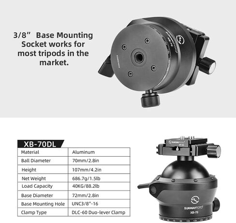 SUNWAYFOTO XB-70DL 70mm Tripod Ball Head w Arca Compatible Duo Lever Screw Clamp Low Profile in Kuwait
