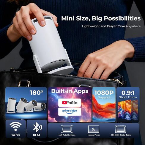 [Built-in Apps] CLOKOWE Mini Projector with WiFi and Bluetooth, 2026 Upgraded 1080P Smart Portable Projector with 180° Rotation, Auto Keystone, Compatible with iPhone/Android/Laptop/TV Stick/HDMI/USB in Kuwait
